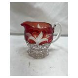 Ruby Red Glass Creamer with Etched Fern Design