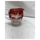 Ruby Red Glass Creamer with Etched Fern Design