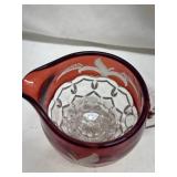 Ruby Red Glass Creamer with Etched Fern Design