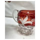 Ruby Red Glass Creamer with Etched Fern Design