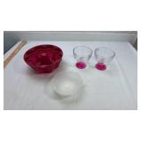 Red Bundt Pan and Pink Base Glass Dessert Cups Set