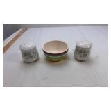 Decorative Salt and Pepper Shaker Set with Striped Bowl