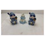 Blue and White Ceramic Snowman Salt and Pepper Shakers