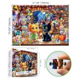 Halloween Puzzle for Adults 1000 Pieces, Cat and Witch Magic Shop Jigsaw Puzzle with Letters on Back with Pumpkin Candy Spooky Decor for Halloween Party, Family Night (27.5" x 19.7")