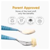 NumNum Toddler Utensils Set, 4th Stage Kids Silverware for 2+ Years, Pre-Spoon, Fork, Spoon & Knife GOOtensils with Stainless Steel Heads, BPA-Free Silicone Toddler Feeding Essentials, 3-Pack Blue