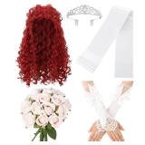 6 Pcs Halloween Singer Costume Set Include Red Long Fluffy Long Curly Afro Wig Bouquet Sash Crown Bow Gloves and Letter Sticker for Halloween Role Playing Party and Daily Supplies
