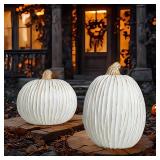 2PCS Autumn Pumpkin Decorations Harvest Festival Rustic Resin Pumpkin Decorations Carved White Pumpkin Statue Table Decorations for Halloween Weddings Fireplaces (B Thin line Pumpkin)