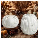 2PCS Autumn Pumpkin Decorations Harvest Festival Rustic Resin Pumpkin Decorations Carved White Pumpkin Statue Table Decorations for Halloween Weddings Fireplaces (B Thin line Pumpkin)