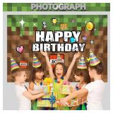 Pixel Backdrop Happy Birthday Party Decoration 7x5Ft Video Game Themed Banner Gaming Gamer Photo Background for Kids Boy Cake Table Supplies Favors