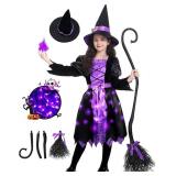 Light Up Halloween Girls Witch Costume, Toddler Witch Dress Set with Hat and Broom, Kids Costumes for Halloween Party Small