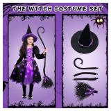 Light Up Halloween Girls Witch Costume, Toddler Witch Dress Set with Hat and Broom, Kids Costumes for Halloween Party Small