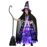 Witch Costume Set for Girls Led Light Up Halloween Costume Dress Up with Hat Cape Large