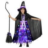 Witch Costume Set for Girls Led Light Up Halloween Costume Dress Up with Hat Cape Large