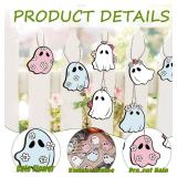 JarThenaAMCS Halloween Hanging Ornament Floral Ghost Wooden Hanging Decoration Cute Pendant with Hemp Rope for Home Party Wall Decor, 24 Pack