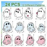 JarThenaAMCS Halloween Hanging Ornament Floral Ghost Wooden Hanging Decoration Cute Pendant with Hemp Rope for Home Party Wall Decor, 24 Pack