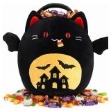 Halloween Basket Bat Cat Plush Toy, Bat Stuffed Animal Trick Or Treat Bucket, Halloween Party Favor Bags with Handles and Bat Decor, Candy Basket for Kids Toddlers Girls Boys