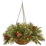National Tree Company 20" Feel Real Colonial Hanging Basket with Pine Cones, Berries & 50 Battery-Operated Led Lights With Timer - Retail: $65