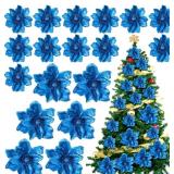 18 Pcs 12\" 9.8\" Large Poinsettia Flowers Artificial for Christmas Tree Glitter Poinsettias Picks with Stem Xmas Faux Silk Floral Ornaments for Santa Garland Home Decoration Party(Blue)