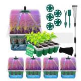 CNNIK 5pcs 60 Cells Seed Starter Tray with Grow Light Indoor Seeds Starter Kit with Lid Plastic Planting Trays Mini Greenhouse Garden