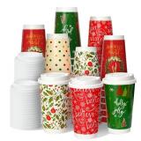 50 Pack 16 oz Christmas Disposable Coffee Cups with Snap-on Lids - for Hot or Cold Drinks, Paper Coffee Cups for Xmas Holiday Table Decorations Party Supplies, 5 Assorted Christmas Styles