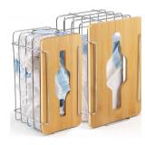 2 Pack Trash Grocery Bag Holder Wall Mounted Design, Silver Extra Large Plastic Garbage Bag Dispenser Holder with Bamboo Lid, Kitchen Organizers and Storage Container Under Sink Large Capacity