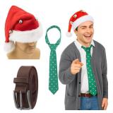 Floraltop Newcotte 3 Pcs Christmas Men 1980s Movie Costume Red Bell Santa Hat Green Christmas Tie Brown Men