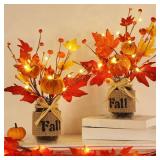 2 Pack & Timer Thanksgiving Decorations 13.5 Inch Fall Table Centerpieces Mason Jar with 20 LED Lights Maples Leaves Pumpkins Berried Thanksgiving  Centerpieces for Dinner Table Home Kitchen Office. B
