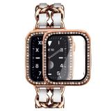 Mosonio Compatible for Apple Watch Band 40mm with Screen Protectors Case Women, Jewelry Bracelet Metal Bands with 2Pack Bling Case Cover for 40mm iWatch Series SE 6 5 4(Rose Gold Link with White Leath