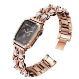 Mosonio Compatible for Apple Watch Band 40mm with Screen Protectors Case Women, Jewelry Bracelet Metal Bands with 2Pack Bling Case Cover for 40mm iWatch Series SE 6 5 4(Rose Gold Link with White Leath