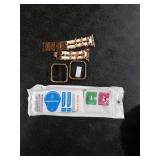 Mosonio Compatible for Apple Watch Band 40mm with Screen Protectors Case Women, Jewelry Bracelet Metal Bands with 2Pack Bling Case Cover for 40mm iWatch Series SE 6 5 4(Rose Gold Link with White Leath