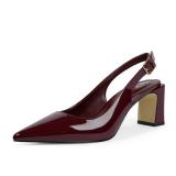 QIY Womens Burgundy Heels Pointed Toe Chunky Heel Pumps Closed Toe Slingback Block Heel Party Dressy Shoes Size 7