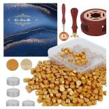 Yagugu Wax Seal Stamp Kit - 357Pc Set with Wax Beads, Seal Stamp, Warmer, Spoon, Candles for Vintage Envelopes & Letters - Gold