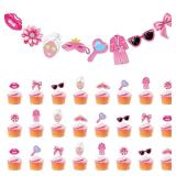 FOZEE Slumber Party Banner, Spa Themed Cupcake Toppers, Spa Day Party Decor for Girls, Pajama/Slumber Party Decor, Spa Birthday Party Decorations (25PCS)