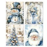 WDSFHYJK Blue Christmas Tree Santa Snowman Wall Art Decor Set of 4, Blue Christmas Decor, Xmas Floral Winter Poster Prints Pictures for Home Living Room Bedroom Decor, 8x10 Unframed