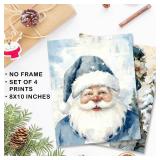 WDSFHYJK Blue Christmas Tree Santa Snowman Wall Art Decor Set of 4, Blue Christmas Decor, Xmas Floral Winter Poster Prints Pictures for Home Living Room Bedroom Decor, 8x10 Unframed