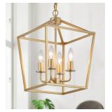 Industrial 4 Lights Chandelier, Gold Lantern Ceiling Light Fixtures with Rustic Metal Cage Adjustable Height Farmhouse Geometric Hanging Light for Kitchen Island, Dining Room, Entryway, UL Listed