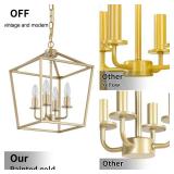 Industrial 4 Lights Chandelier, Gold Lantern Ceiling Light Fixtures with Rustic Metal Cage Adjustable Height Farmhouse Geometric Hanging Light for Kitchen Island, Dining Room, Entryway, UL Listed