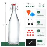 8 Pack [1 L / 33 fl. oz.] Swing Top Glass Bottles w/ Airtight Stopper Lids Flip Top Brewing Bottle for Fermentation, Kombucha, Mead, Vinegar, Beer, Kefir, Wine, Soda With 8 Extra Seals & 2 Pourer