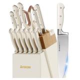 Knife Set,Astercook Kitchen Knife Set with Block 14-Piece Full Tang Stainless Steel Knives with Sharpener Dishwasher Safe and Anti-Slip Ergonomic Handle Elegant Cream White Utensils Set