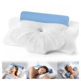 Cervical Neck Pillows with Round Cervical Roll Cylinder Bolster Traction Pillow(2 in 1 Removable) Ergonomic Contour Memory Foam Pillow for Relaxer Neck&Shoulder Pain Relief for Sleepers(White&Blue)