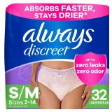 Always Discreet Adult Incontinence Underwear for Women and Postpartum Underwear, Small/Medium, Up to 100% Bladder Leak Protection, 32 Count