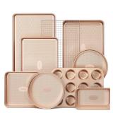 HONGBAKE 9-Piece Baking Pans Set Nonstick, Stackable Non Toxic Bakeware Sets with Diamond Texture, Oven Pan Set for Cooking, Includes Cookie Sheet with Rack, Cake Pan, Roasting Pan, Muffin Tin, Gold