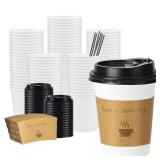 BYSNOW 100 pack 12 oz Disposable Thickened Coffee Cups with Lids, Scald Resistant Hot Cup with Sleeve and Straw, To Go Coffee Cups for Home, Office, Cafes and Party (White 12oz)
