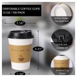 BYSNOW 100 pack 12 oz Disposable Thickened Coffee Cups with Lids, Scald Resistant Hot Cup with Sleeve and Straw, To Go Coffee Cups for Home, Office, Cafes and Party (White 12oz)