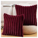 MADIZZ Set of 2 Faux Wool Plush Decorative Throw Pillow Covers 20x20 Inch Burgundy Fluffy Striped Soft Decorative Cushion Cover for Sofa Bedroom Pillow Shell