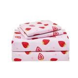 lasoftan Pink Strawberry Printed Kids Sheet Set Twin Size, 3 Pcs Breathable & Silky Soft Microfiber Kids Fitted Sheet, Bed Sheets with 15 Deep Pocket for Boys and Girls