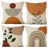 Ruelvth Boho Pillow Covers 16x16 Inch, Mid Century Bohemia Rainbow Arch Throw Pillow Covers Square Cotton Linen Terracotta Couch Pillowcases, Set of 4 (No Inserts)