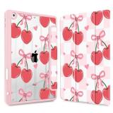 Mektron Printed Case for iPad 10.2 Inch 2021/2020/2019, for iPad 9th/8th/7th Generation Case, Buit in Pencil Holder with Shockproof Cover Clear Shell + Trifold Stand, Cherries Bows C353