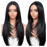BrownBomb Black Wear and Go Glueless Wigs Pre Plucked Pre Cut for Beginners Long Layered Straight Synthetic Lace Front Wigs with bangs 26 Inch Natural 1B 3 Seconds to Wear for Beginners