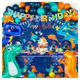 HJINGY 265 PCS Dinosaur Party Decorations, Blue Dinosaur Birthday Party Supplies for Boys Include Dino Balloons, Customized Backdrop, Happy Birthday Banner, Tablecloth, Plates, Cake Toppers